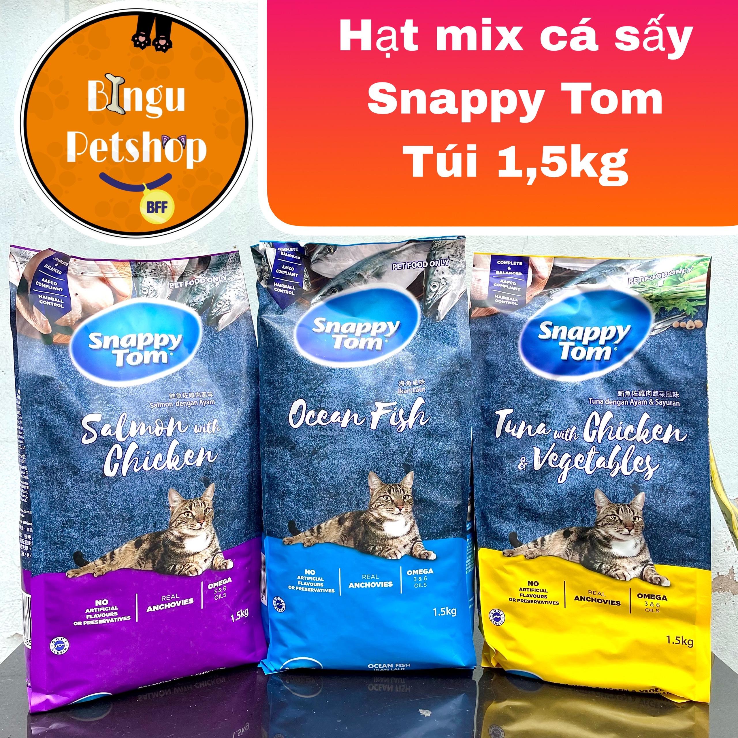 [Túi 1.5kg] Thức Ăn Hạt Cho Mèo Snappy Tom Mix Cá Sấy
