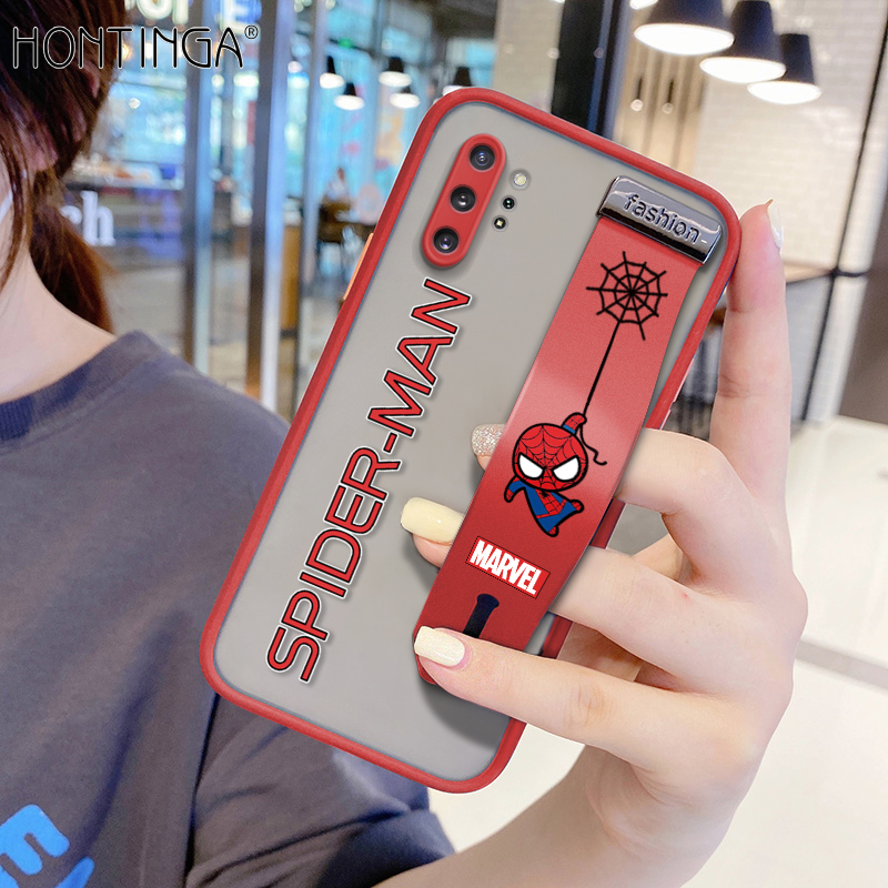 (With Wristband)Hontinga Casing Case For Samsung Galaxy Note10 Note 10 Plus Case Shockproof Marvel Spider-Man Cartoon Transparent Phone Case Soft Edge Full Lens Camera Protector Back Cover Hard Case For Boys