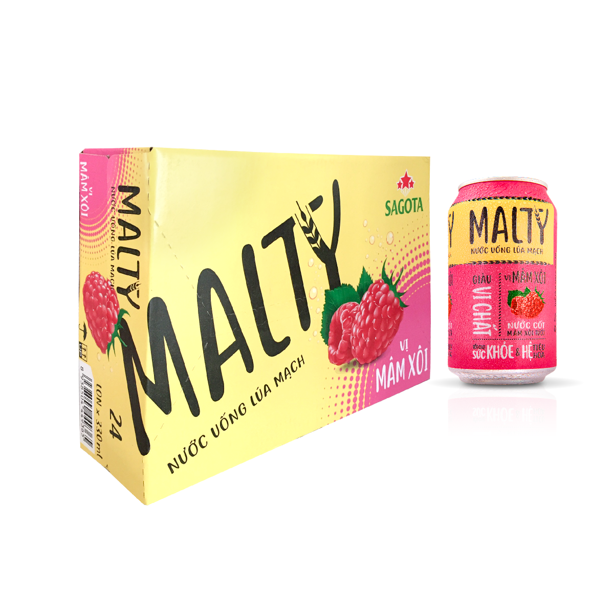 NƯỚC UỐNG LÚA MẠCH MALTY-VỊ MÂM XÔI (THÙNG 24 LON/330ML)