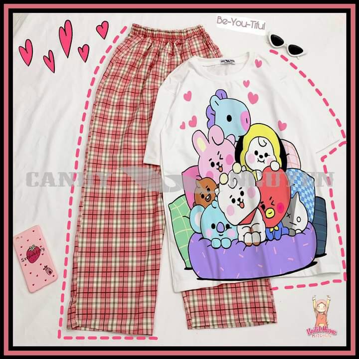 Sét Bộ 3D Cartoon Hoạt Hình Quần Caro Ống Rộng + Áo Thun Coton Forn Rộng Thoáng Mát Dễ Chịu Hot Trend Hàn Quốc TTSLB0127