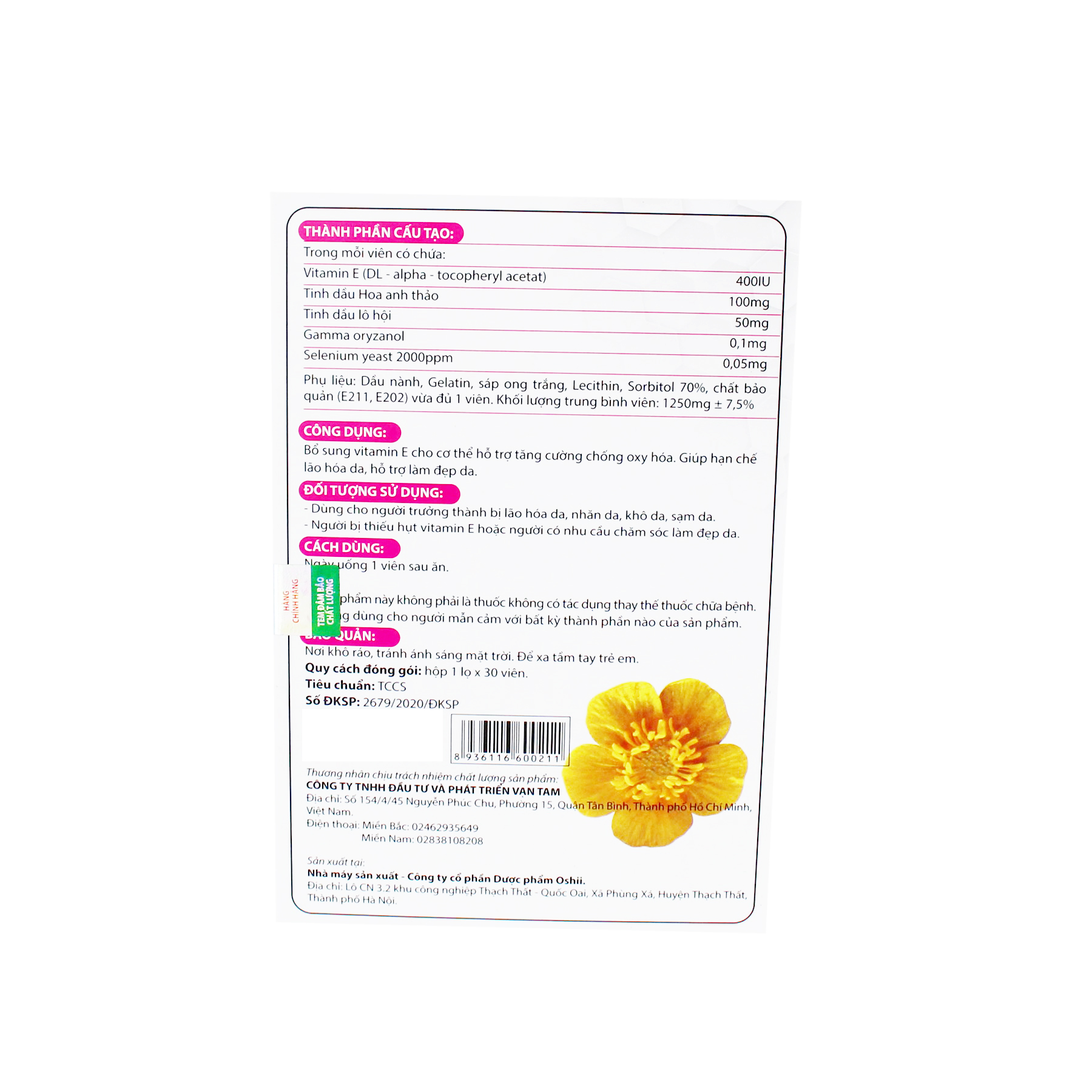 Vitamin E Đỏ Oskin Chống Oxy Hóa [Ngăn Ngừa Lão Hóa Da] Hộp 30 Viên