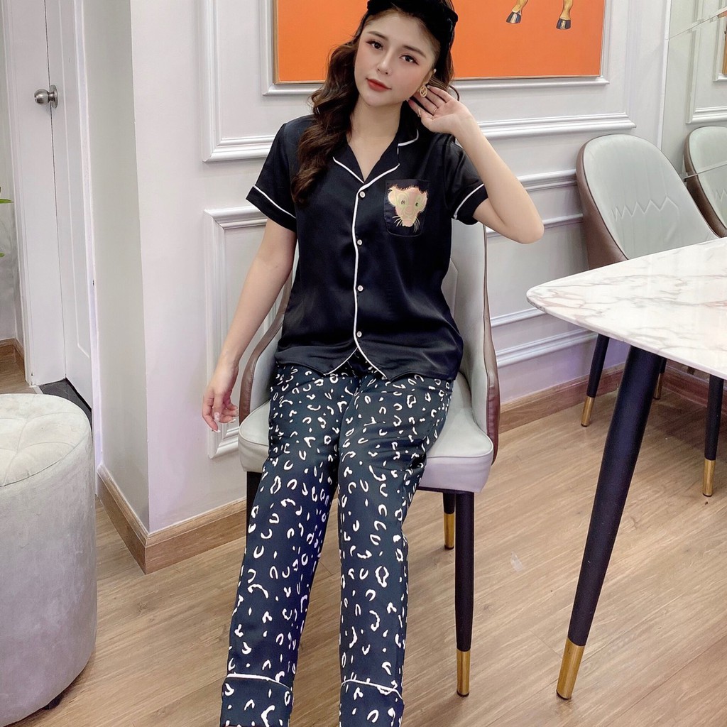 Bộ Đồ Nữ Mặc Nhà Áo Cộc Quần Dài Chất Lụa Satin Mát Nhẹ Mềm Mại