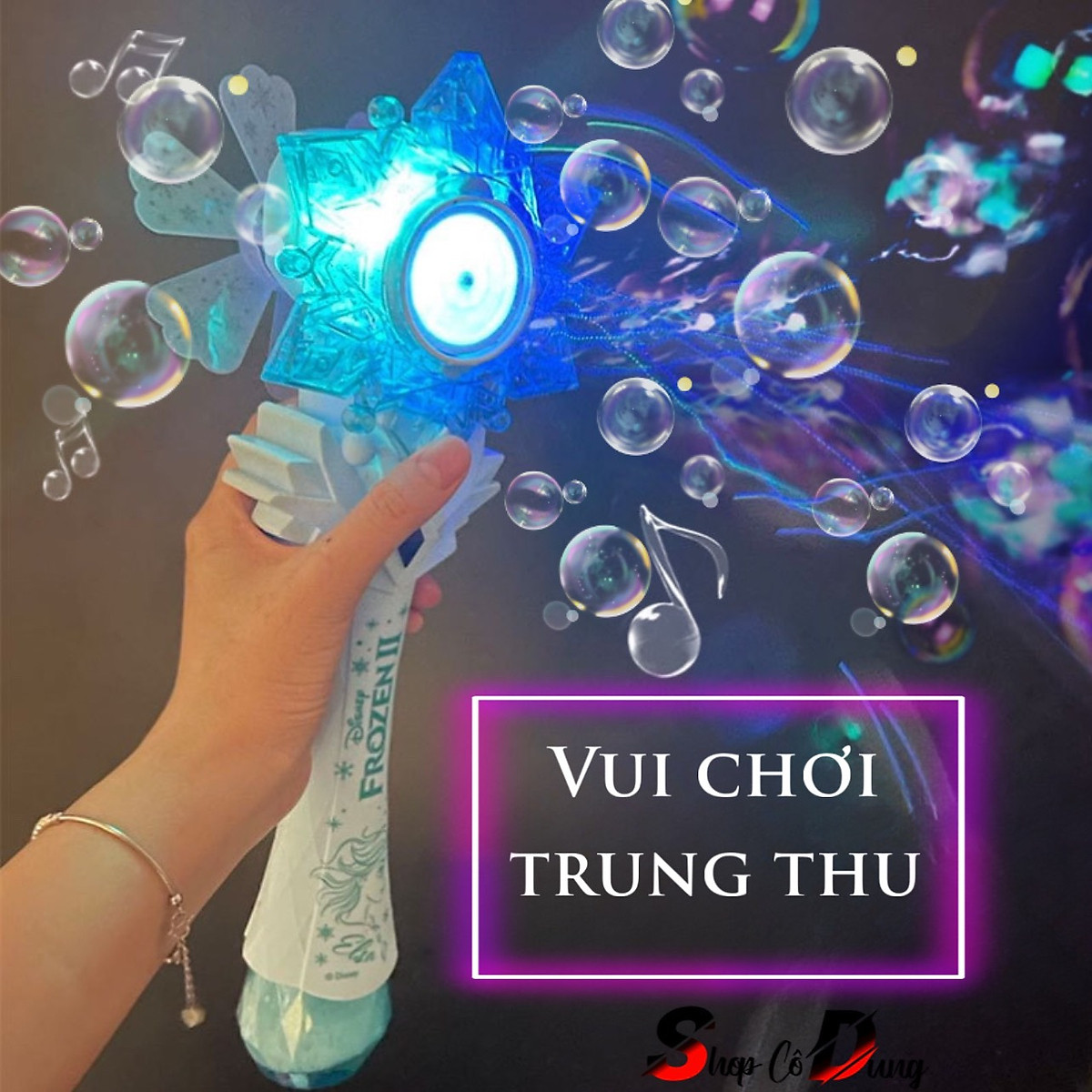 Đồ chơi gậy phép thuật thổi bong bóng công chúa tuyết có đèn và nhạc thú vị đồ chơi tặng kèm pin và dung dịch bong bóng