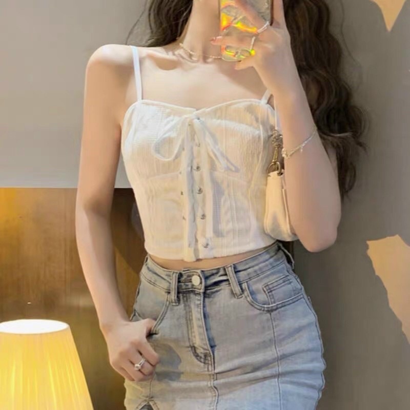 Áo 2 dây nữ đan dây trước len thừng dáng croptop hót hit