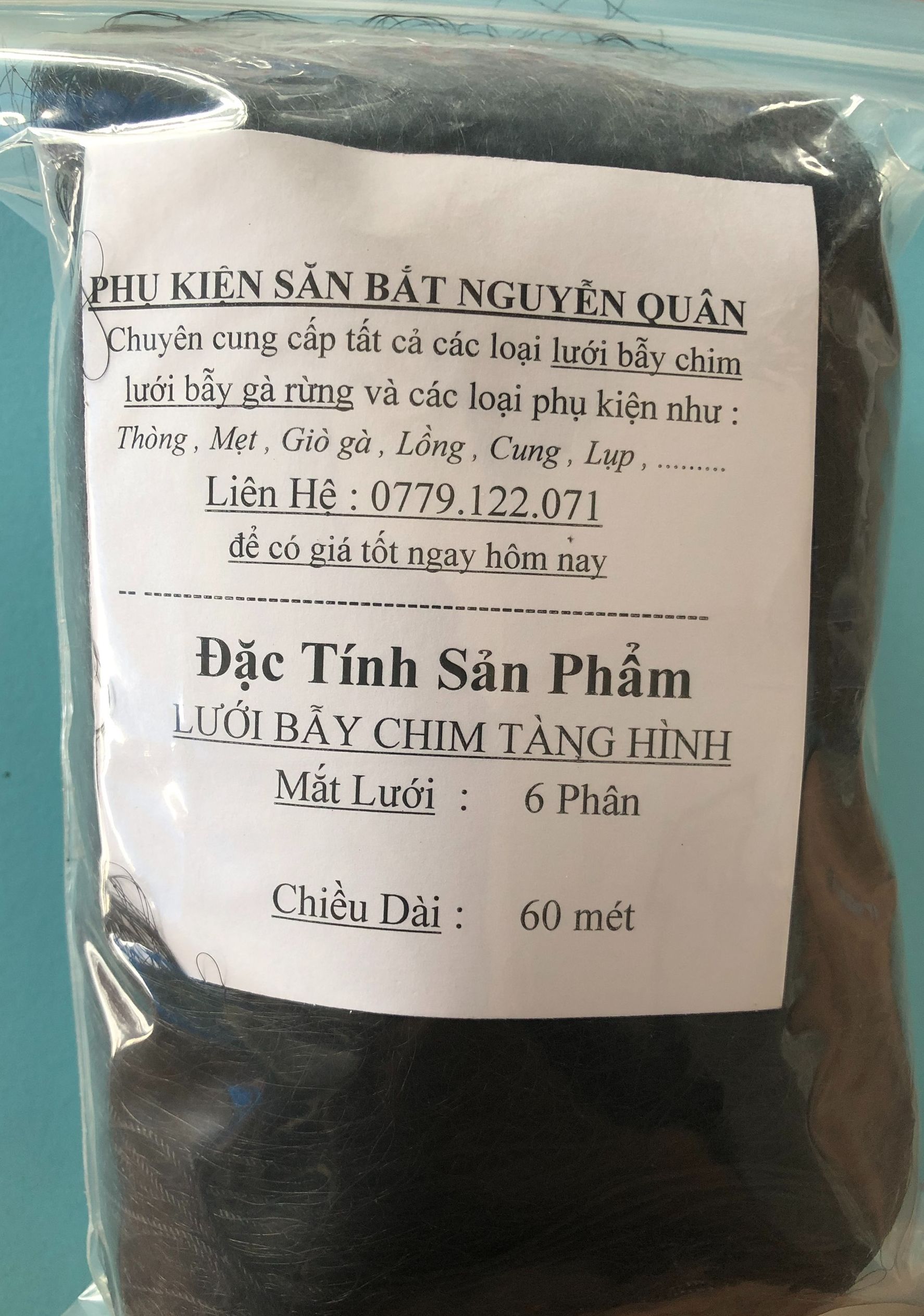 60m Lưới Tàng hình mắt lỗ 6 phân chuyên Bẫy Chim Cu Tiểu, Cu gáy, Cò, Sáo, Vẹt , Két,... lưới cước Thái màu Đen cao 5 mét 4 dây 3 túi đã làm sẵn, mua về sử dụng được ngay