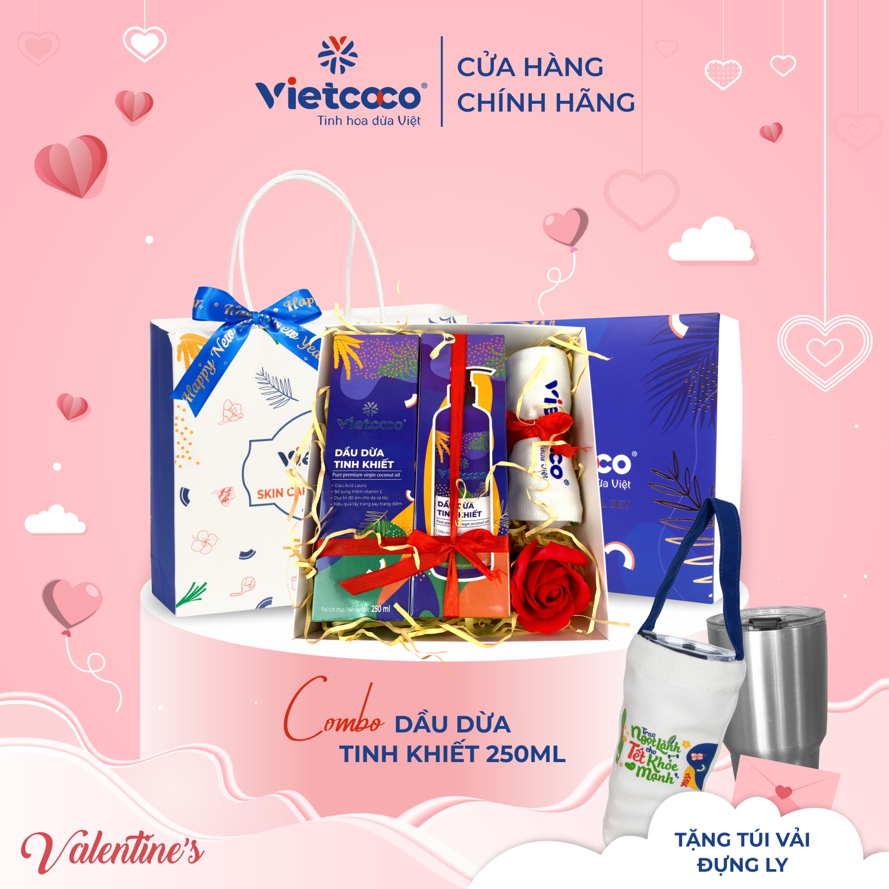 Hộp combo 2 chai dầu dừa tinh khiết Vietcoco 250ml (tặng kèm túi vải nhỏ)