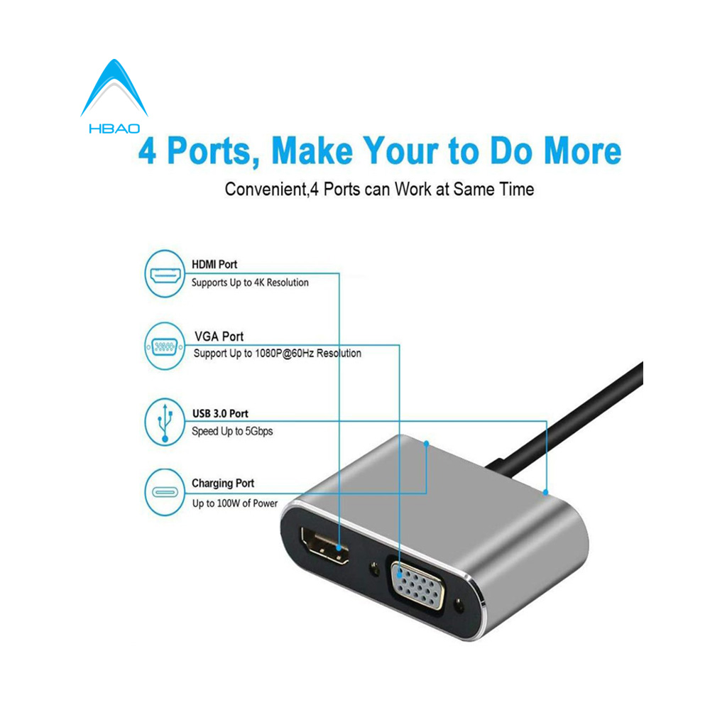 Hub Cáp chuyển USB Type-c ra 4 cổng HDMI/ VGA/ USB và cổng sạc