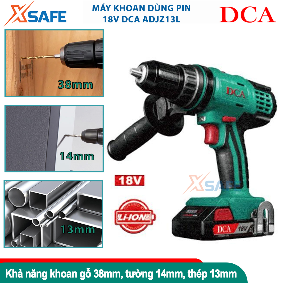 Máy khoan động lực dùng pin 18V DCA ADJZ13 máy khoan 3 chức năng khoan gạch 14mm, khoan gỗ 38mm, khoan sắt 13mm, lực xoắn tối đa 70N/m, tốc độ không tải 0-400 v/p, máy khoan dùng pin 18V/2.0Ah x 2