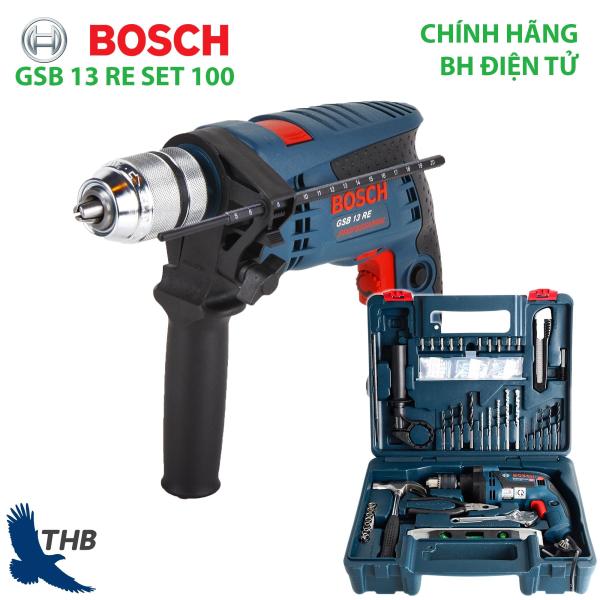 Bộ máy khoan gia đình Khoan động lực Bosch GSB 13 RE SET Xuất xứ Malaysia Hộp nhựa phụ kiện 100 món