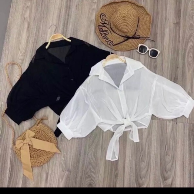 Áo sơ mi voan mỏng cột eo lụa là