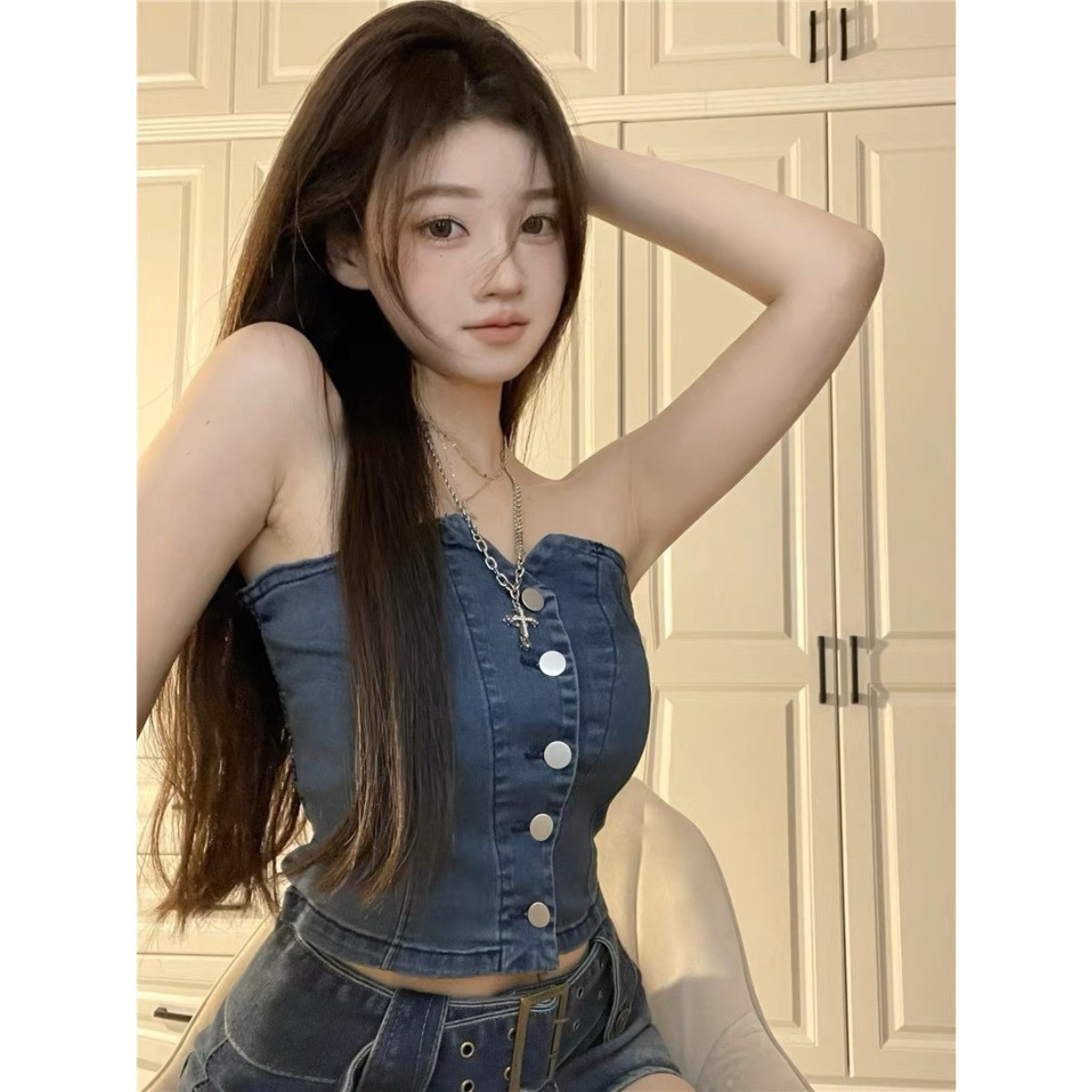 Áo ống jean kiểu cúc cài PINKSTORE29 phong cách quyến rũ A5594