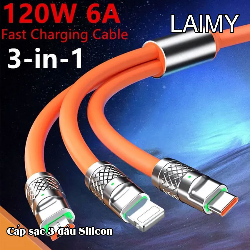 Cáp sạc 3 đầu silicon dùng cho Iphone lightning, type-C, micro - LAIMY