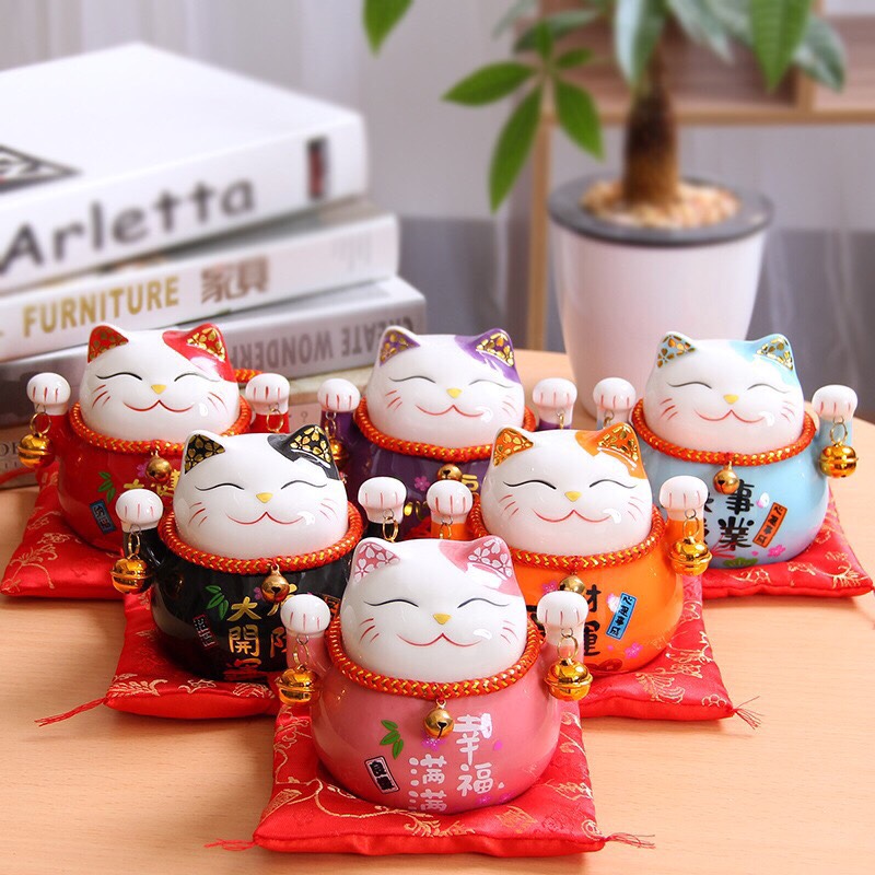 Mèo thần tài may mắn phát tài, mèo thần tài vẫy tay phát lộc cho gia chủ , mèo thần tài vẫy tay nhật bản maneki nekko chất liệu gốm sứ cao cấp, mèo thần tài trang trí, mèo may mắn nhật bản mèo thần tài kèm đệm đỏ