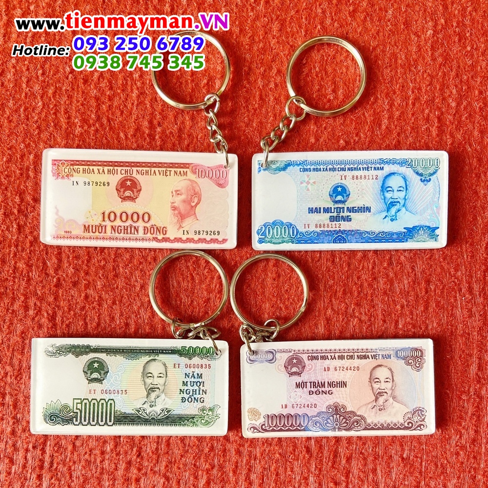Bộ 4 cái móc khóa balo hình tiền cổ tờ 10k 20k 50k 100k bằng mica dễ thương