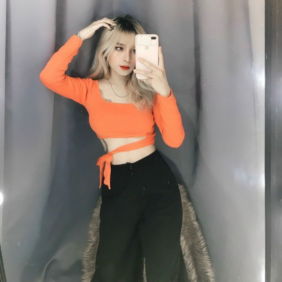 Áo thun nữ#áo thun tay dài#áo dáng croptop cột dây nơ dưới lai form 45kg