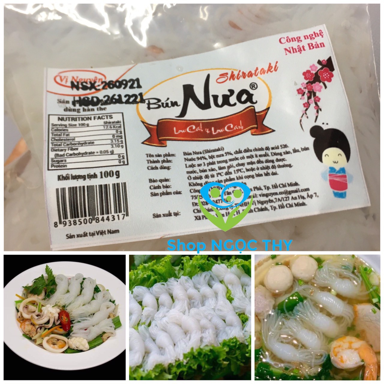 Bún Nưa cuộn 0 calo Shirataki Vị Nguyên 100gr (bún cuộn konjac gói 6 cuộn) ăn Das/Keto/Low carb