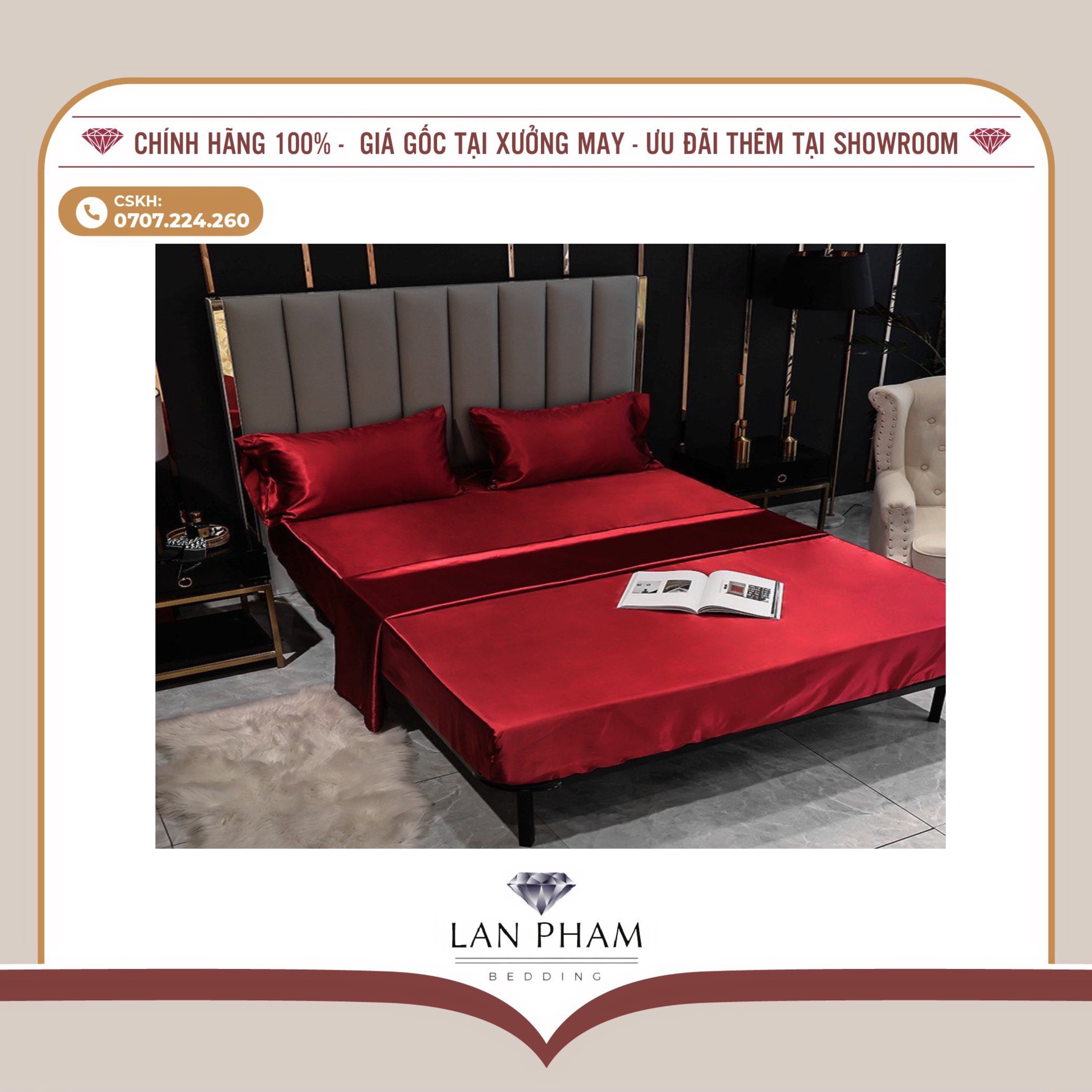 BỘ GA GIƯỜNG DRAP GỐI PHI LỤA MÀU ĐỎ ĐÔ CAO CẤP LAN BEDDING