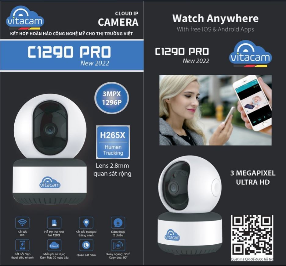 Camera IP Wifi VITACAM C1290 PRO 3MP Robo (Có LAN, Đàm thoại 2 chiều)