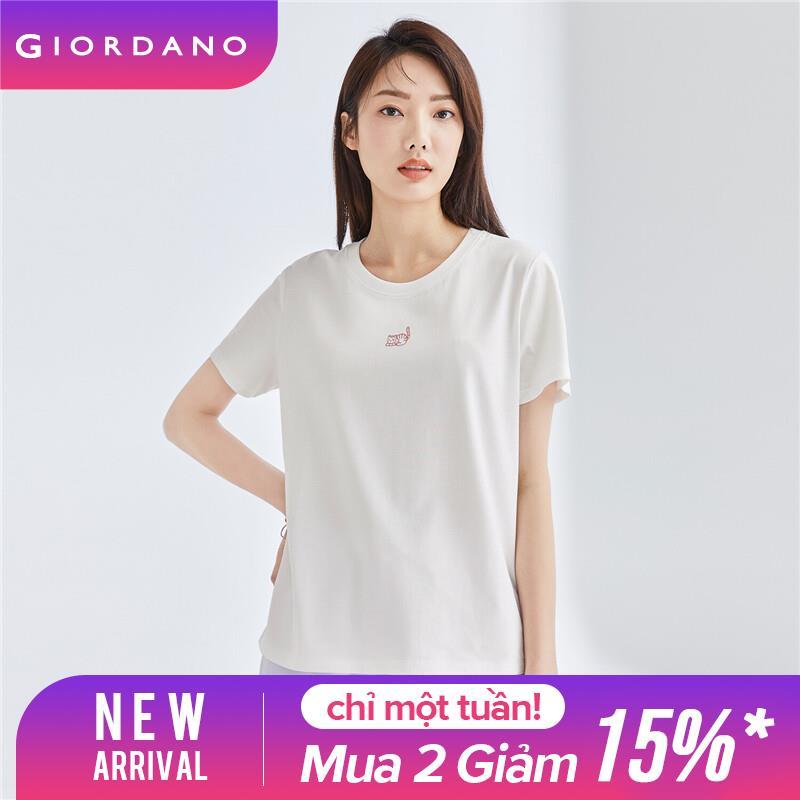 Giordano áo thun nữ cổ tròn cotton 100% tay ngắn dệt kim thêu hình con mèo Free Shipping 05323394