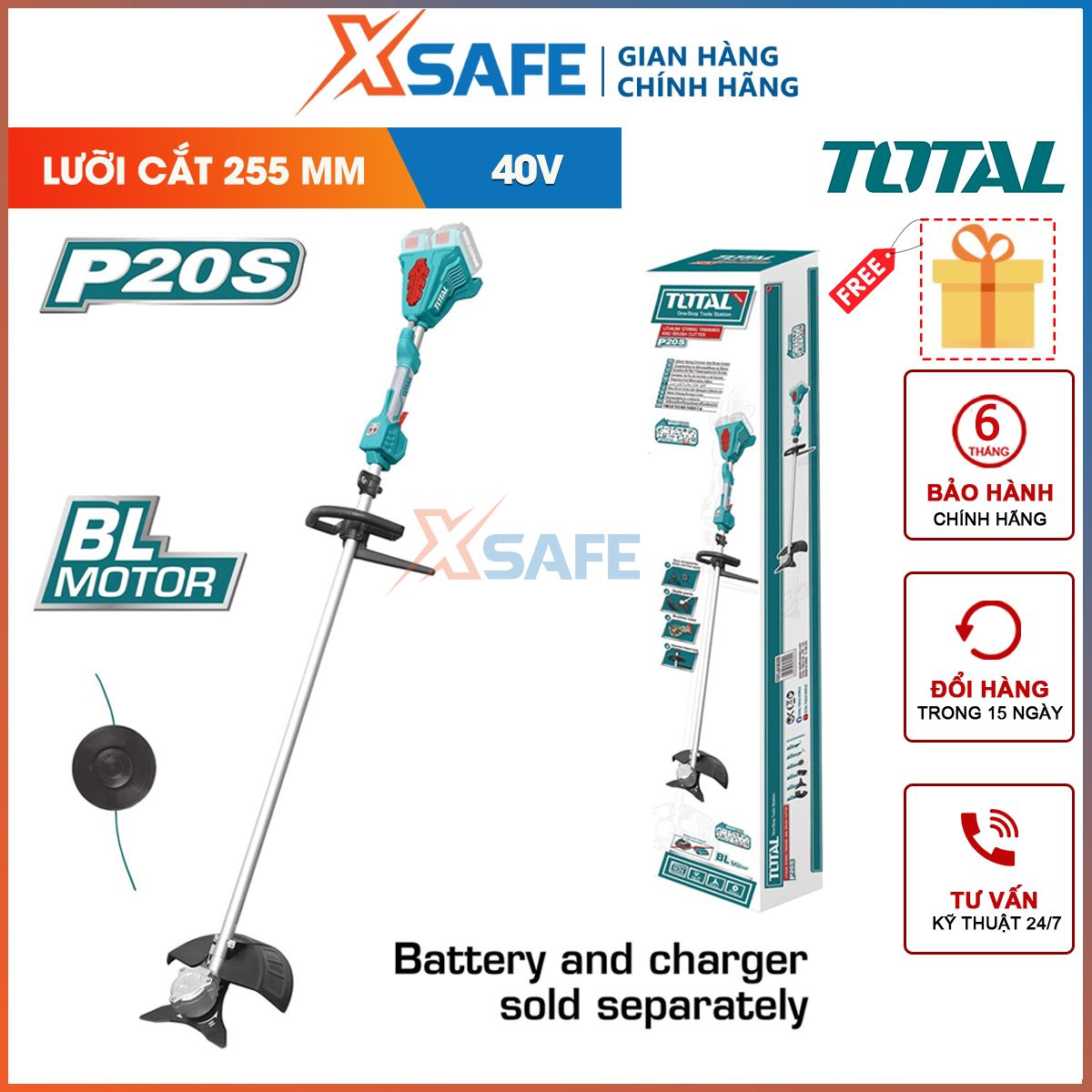 Lawn mower battery lithium-ion 40V total TSTLI20028, motor brushless 100%, blade diameter: 255mm, length monofilament 5m, diameter monofilament 2.0mm round, diameter cutting trimmer 330mm, trimming grass fast-xsafe