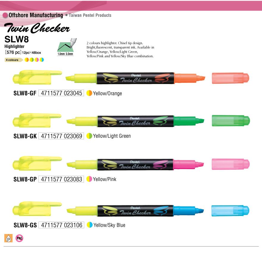Bút Dạ Quang Nhớ Dòng Highlight Nhật Bản Pentel Twin Checker SLW8 - Thiết Kế 2 Đầu Ngòi Cùng Nét 1.0mm/3.5mm, Mực Ra Đều Màu Mực Tươi Sáng Dễ Sử Dụng
