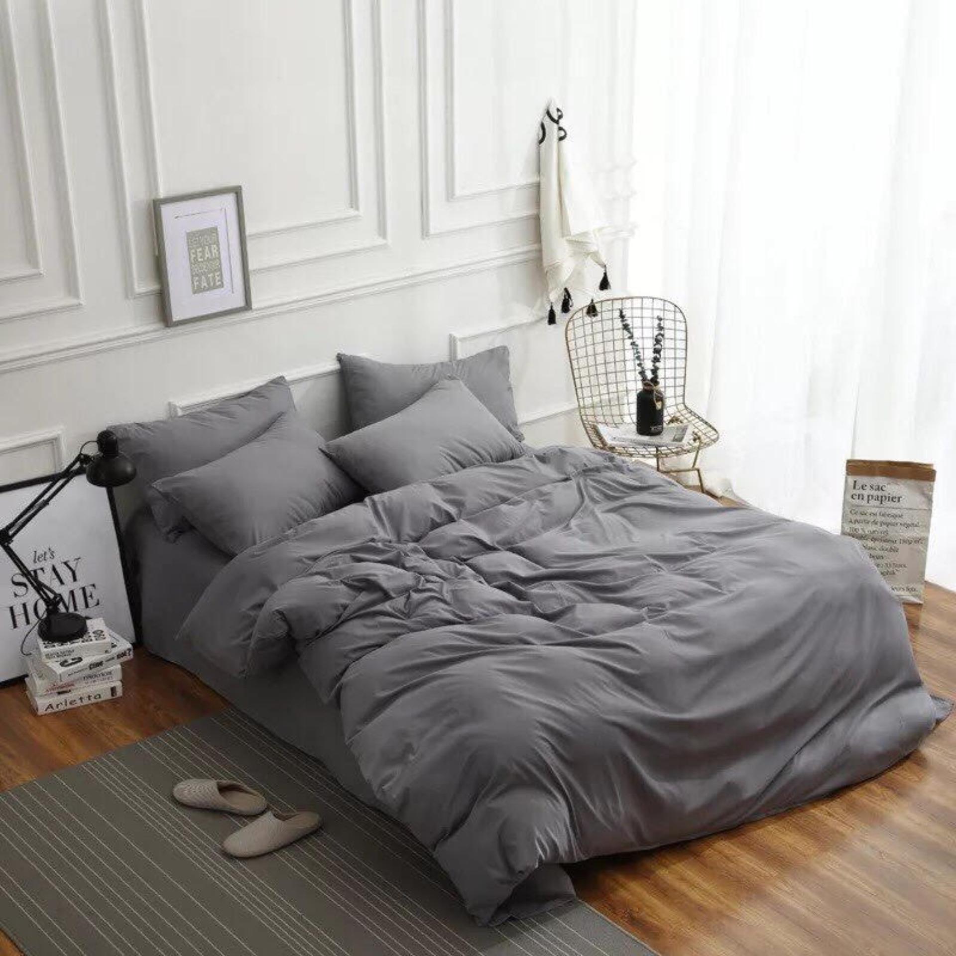 Bộ chăn ga gối phong cách Hàn Quốc basic ghi + vỏ gối ôm