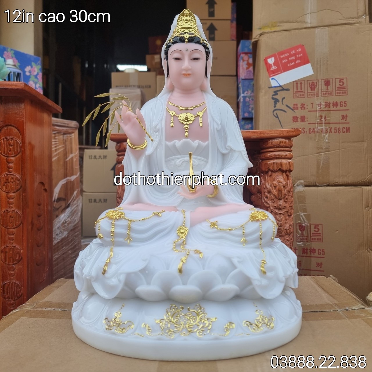Tượng Quan Âm đá trắng 12in cao 30cm mẫu mới rất đẹp