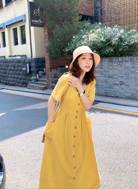 Đầm suông nút trước 2 màu