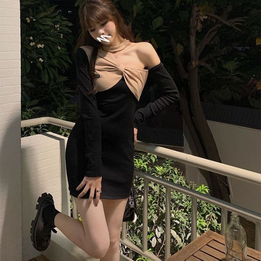 Váy body dài tay , đầm ngắn dáng ôm sexy , hở vai vải bông co dãn cao cấp phong cách thu đông Hàn Quốc