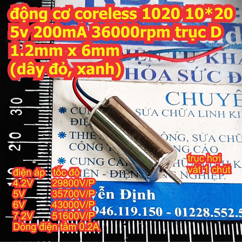 động cơ coreless 1020 10*20 5v 200mA 36000rpm trục D 1.2mm x 6mm dây đỏ, xanh hoặc đỏ đen kde8079