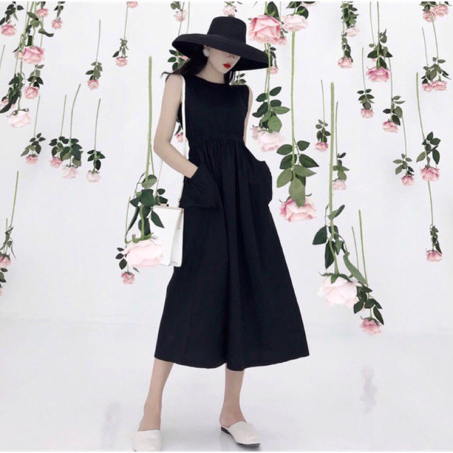Đầm đen dài thun eo 2 túi