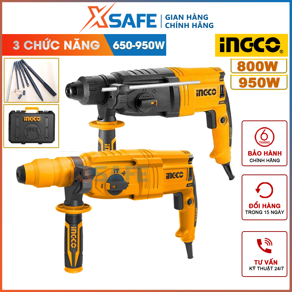 Machine drill chisel ingco RGH9028 bundled 3 drill bit Tuck and 2 tip chisel. Machine drill chisel hand have no-load speed 0-1200rpm. Force beating 2.5j, genuine warranty 6 months-distribution genuine xsafe