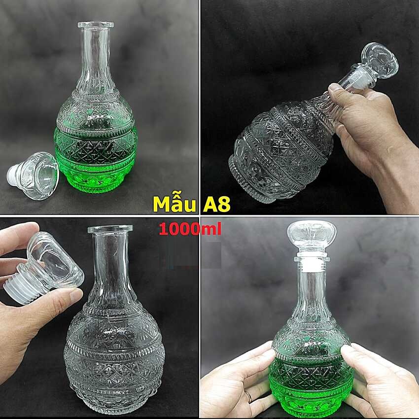 Glass bottle 1000ML – water drop shape BUDDHA TOWER design – 1 bottle – A8 pattern