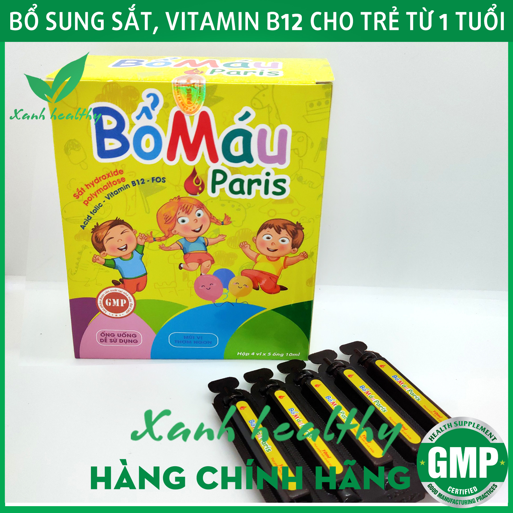 Bổ máu Paris  - Bổ sung sắt, Acid Folic Vitamin B9, B12 cho bà bầu và trẻ từ 1 tuổi - Dạng siro an toàn, dễ uống - Hộp 20 ống 10ml-- XANH Healthy Hàng chính hãng