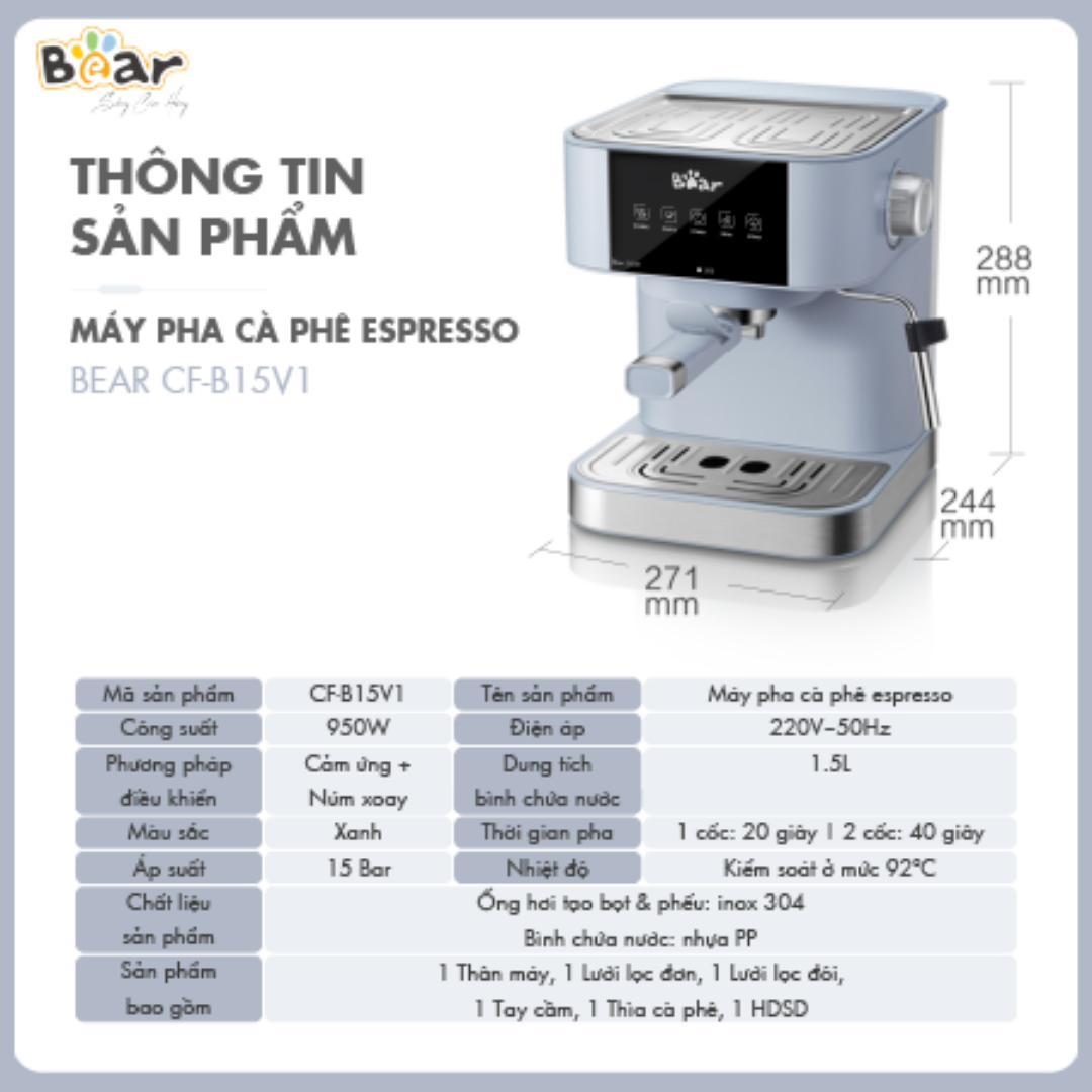 (Có sẵn BH 18 tháng) Máy Pha Cà Phê Bear KFJ-A15L1 (CF-B15V1) Màu Xanh BINAHOME