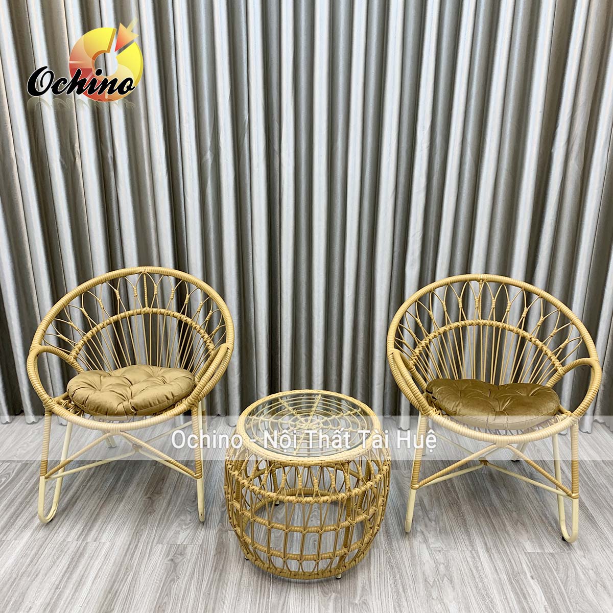 Bộ bàn ghế sân vườn mẫu song mây màu trắng khung nhựa giả mây cao cấp