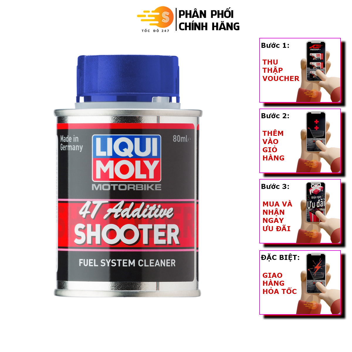 Phụ gia tẩy carbon cho xe máy Liqui Moly 7916 - Tốc Độ 247- chất tẩy làm sạch động cơ chống mài mòn động cơ