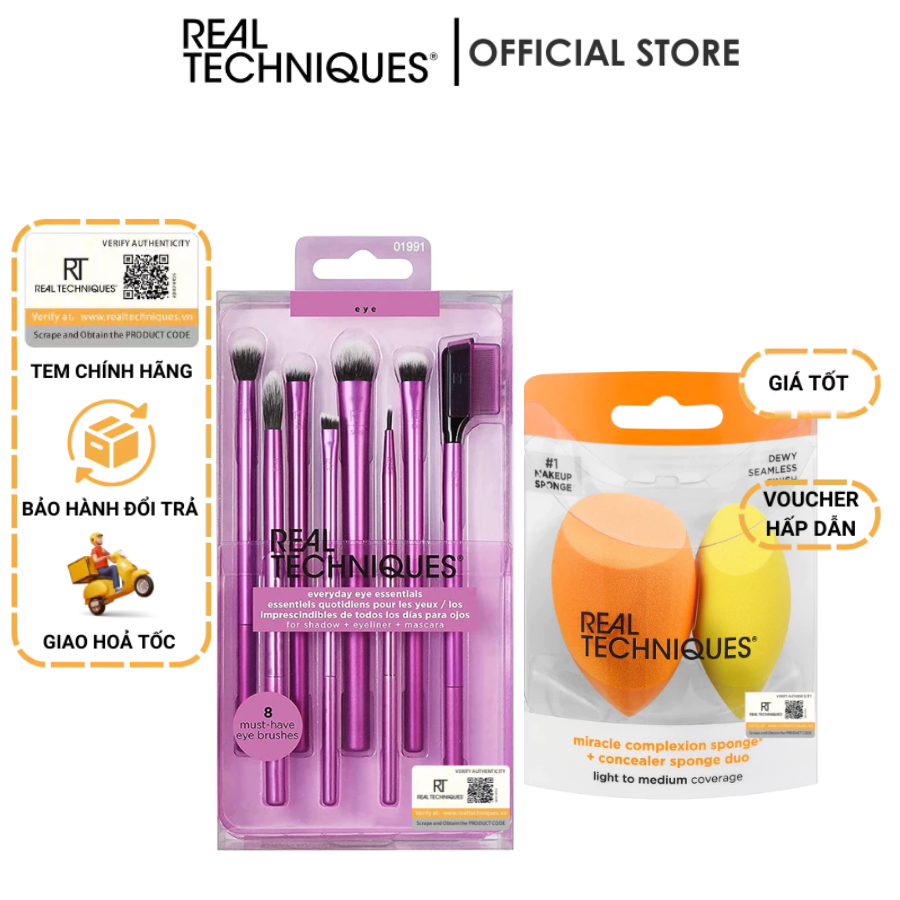 Combo bộ mắt 8 cây RT Real Techniques Eye Essentials 01991 kèm 2 mút đa năng RT Real Techniques Miracle Sponge 0094