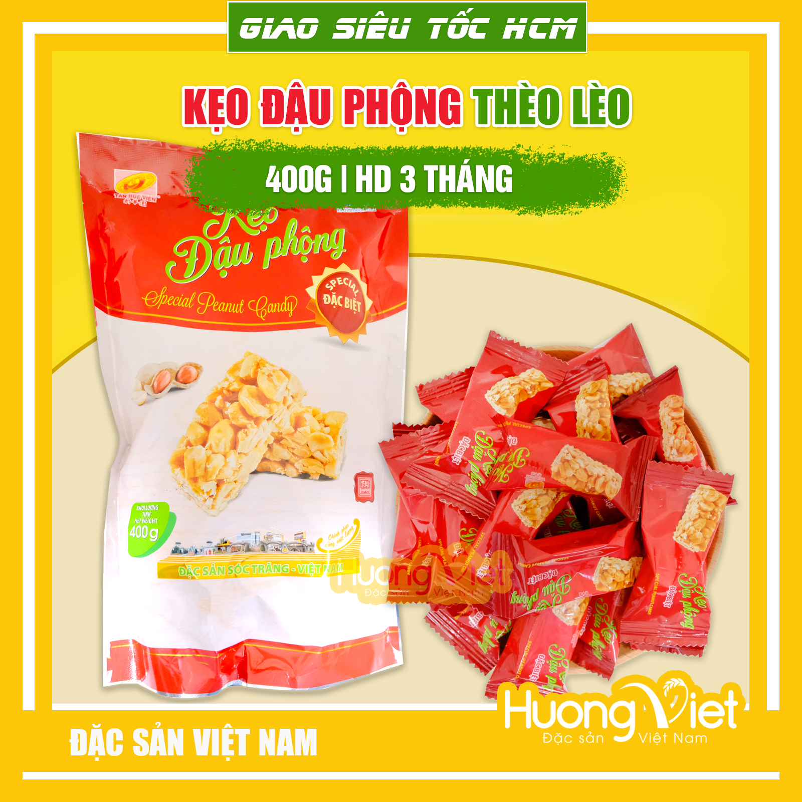 Kẹo đậu phộng  kẹo lạc kẹo thèo lèo đặc biệt Tân Huê Viên hương vị thơm ngon bao bì riêng biệt túi 400g