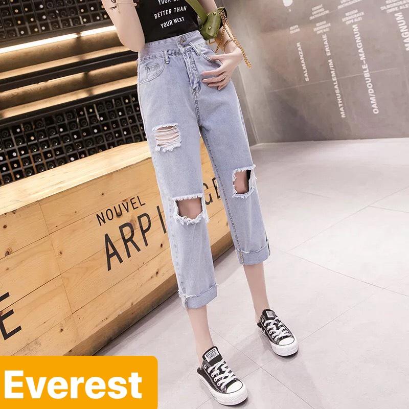 QUẦN JEAN BAGGY NỮ CHẤT BÒ XANH RÁCH 2 GỐI WASH ĐÙI LƯNG CAO NÂNG MÔNG HÀN QUỐC ULZZANG EV-3017 - EVEREST FASHION