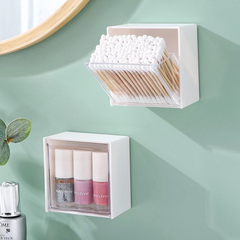 Square plastic cotton makeup remover storage case, wall-mounted clear flip cover storage box