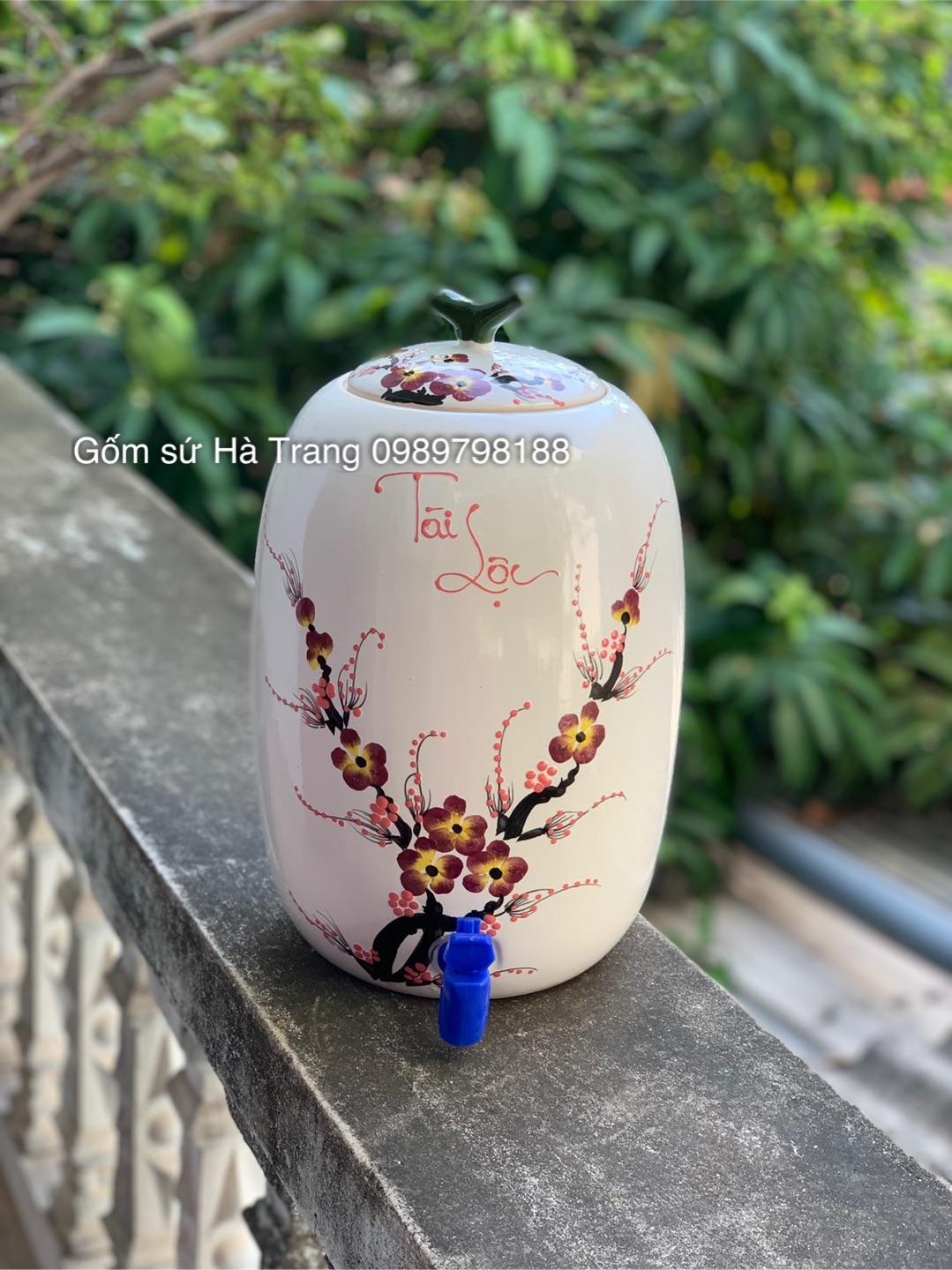 Bình nước gốm sứ Bát Tràng dung tích 8 lít vẽ đào