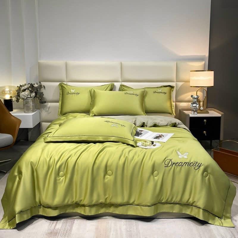 🌹(CHIBEDDING) SET VỎ CHĂN GA GỐI PHI LỤA THÊU NƠ PHỐI VIỀN 4 MÓN NHẬP KHẨU