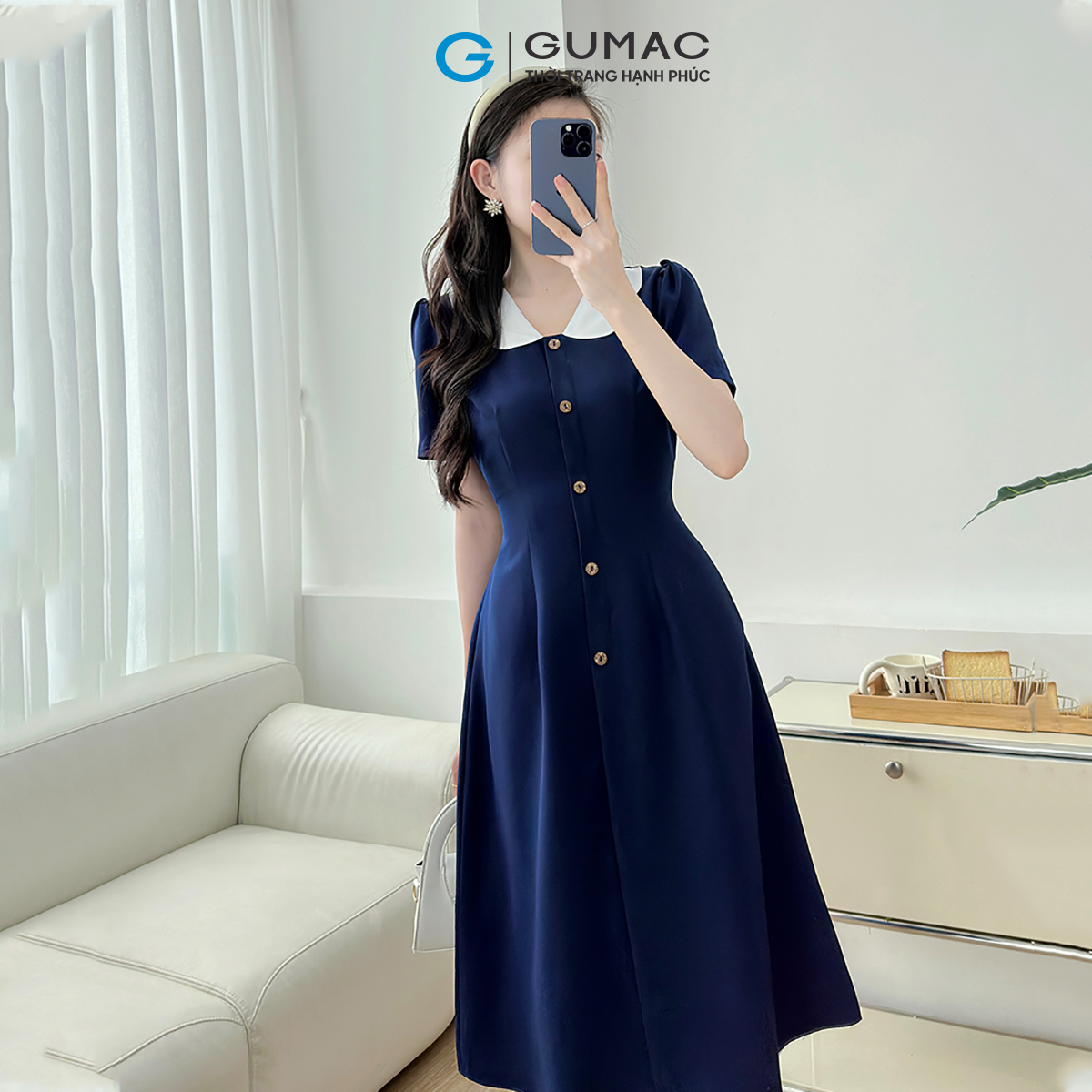 [MUA 2 GIẢM THÊM 50K] Đầm Dáng A Nữ GUMAC Váy Công Sở Phối Bâu Trắng Dáng Dài Qua Gối LDD1214