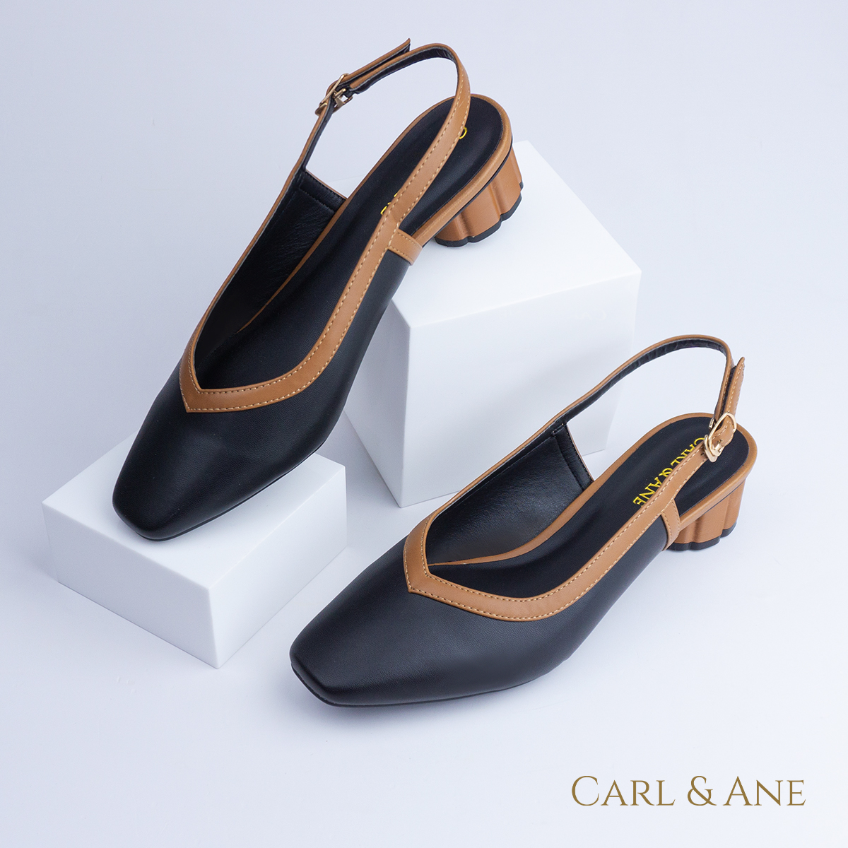 Carl & Ane - Giày cao gót thời trang mũi vuông hở gót phối dây tinh tế cao 3cm màu đen - CL005
