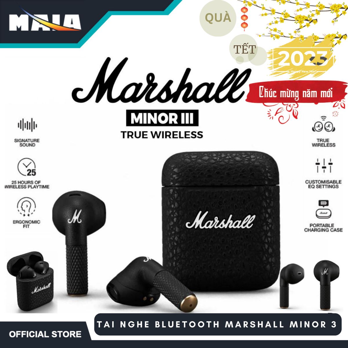 { Bản Quốc Tế }Tai Nghe Bluetooth True Wireless MARSHALL MINOR 3 _ Tai Nghe Nhét Tai Không dây _ Âm bass mạnh mẽ, Chống ồn ANC, Chuẩn âm thanh , kháng nước tốt ,chuẩn chống nước IPX5. Dành Cho iphone Và Android , Bảo Hành 1 năm