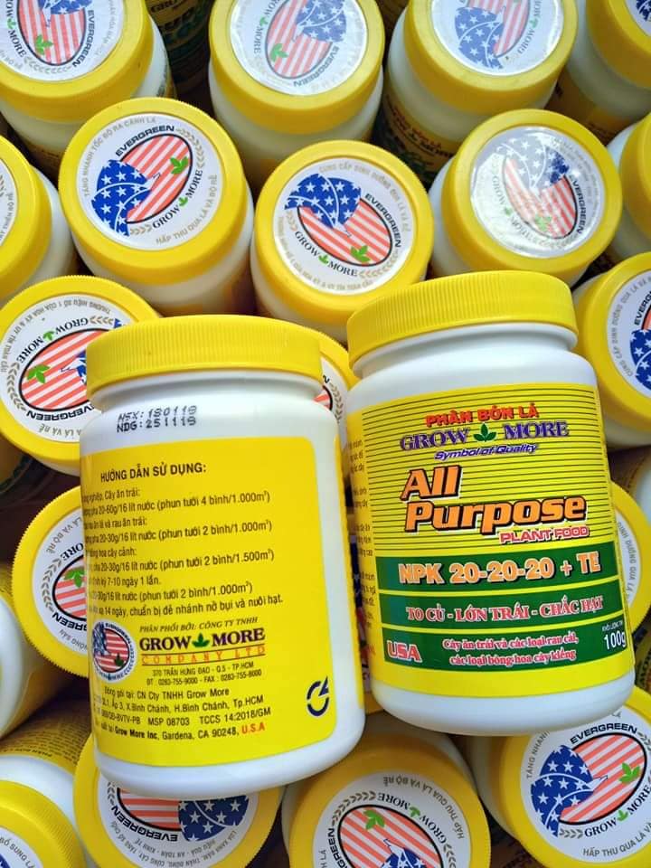 Phân bón lá NPK 20-20-20+TE Growmore lọ 100gr