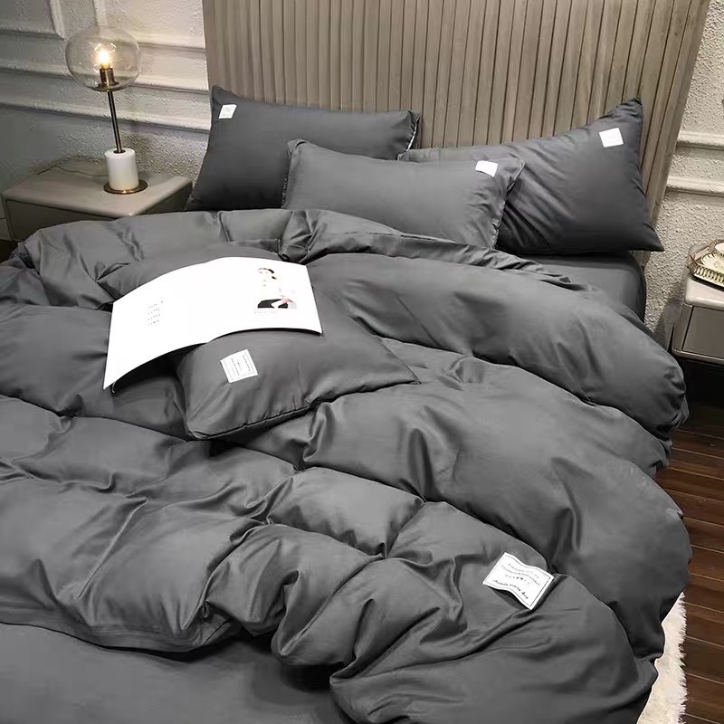 Bộ chăn ga gối Cotton phong cách Hàn Quốc Basic đen + ruột chăn dày.