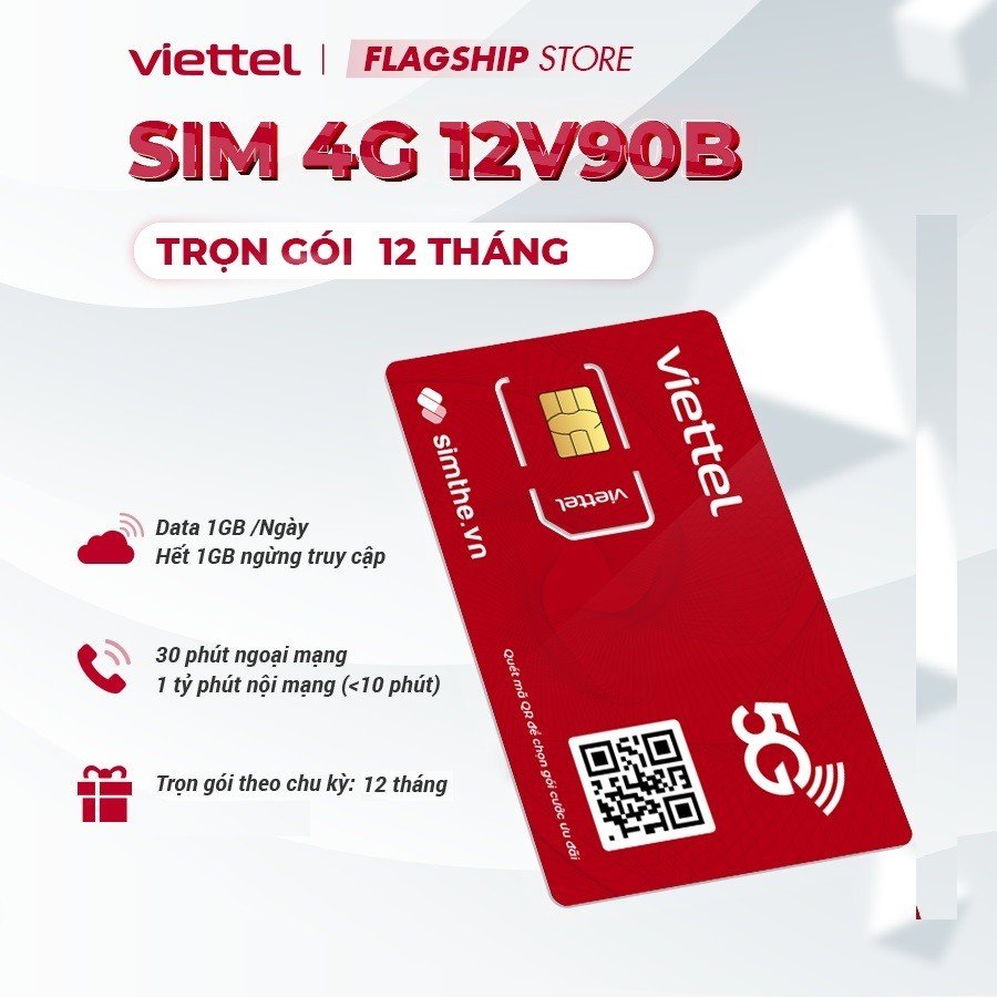Sim 4g trọn gói 1 năm viettel 4g 12v90b sim data 30gb/tháng - sim dùng toàn quốc miễn phí nội mạng dưới 10p và 30p ngoại mạng . phí đăng kí 90k/tháng freeship - chưa kích hoạt