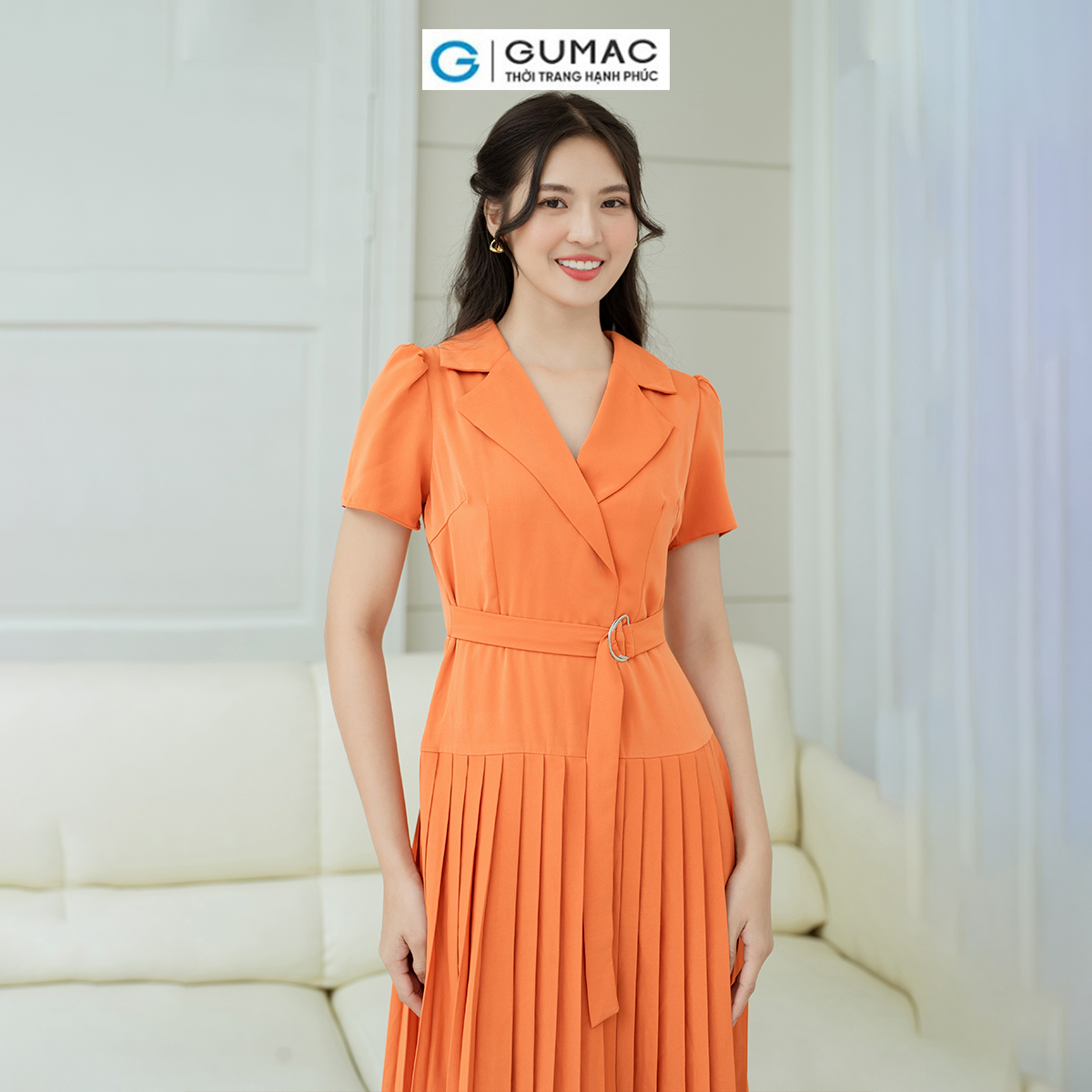 Đầm nữ dáng A cổ danton GUMAC DD08016 dập ly, eo phối dây khoen kiểu